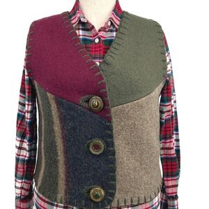 Baabaazuzu Upcycled Patchwork Wool Vest L Boho Festival Layering Button Front